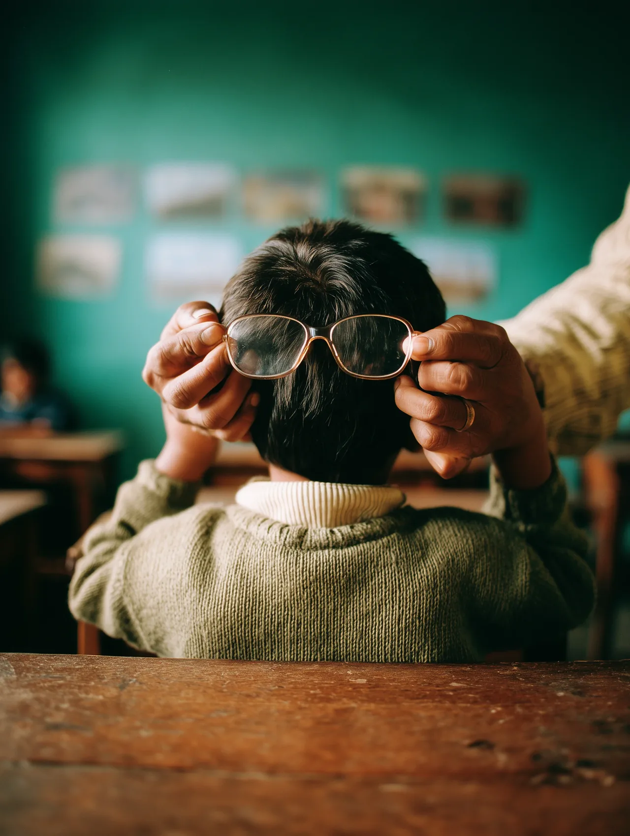 Niño de espaldas en un salón de clase, mientras unas manos le acercan unas gafas
