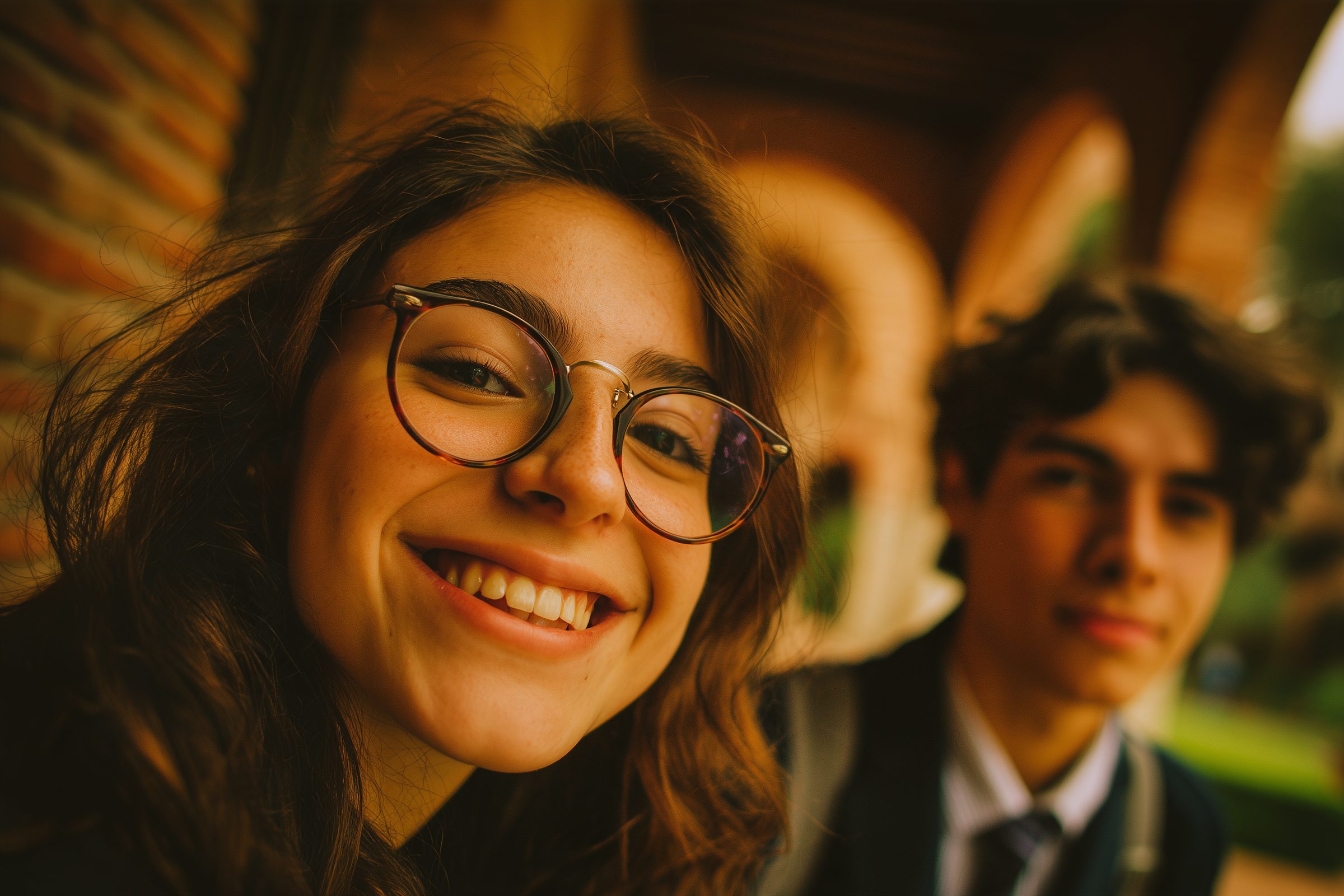 Dos estudiantes universitarias con gafas, sentadas frente a frente junto a una lámpara de cristal