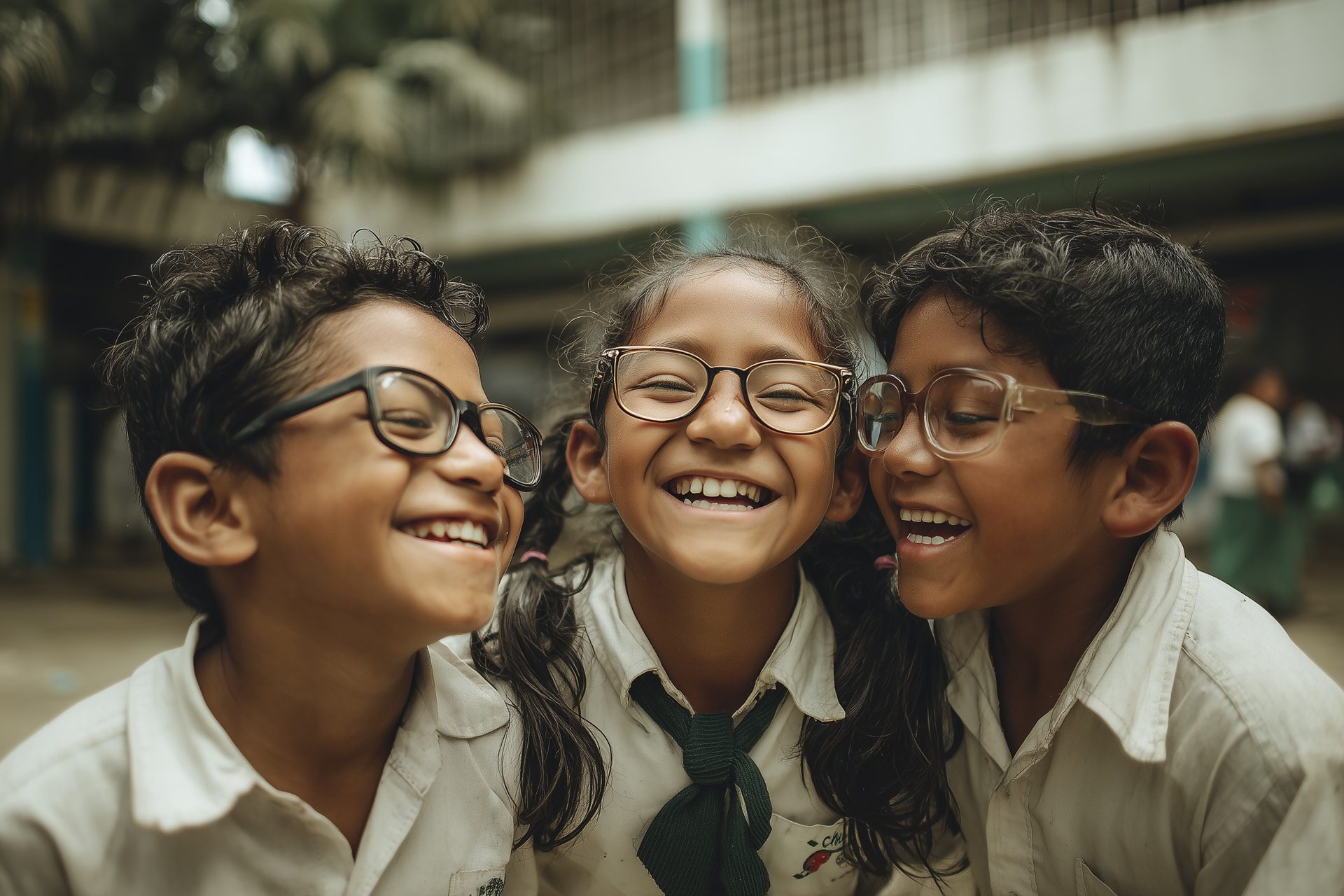 Estudiantes con gafas en el patio de un colegio