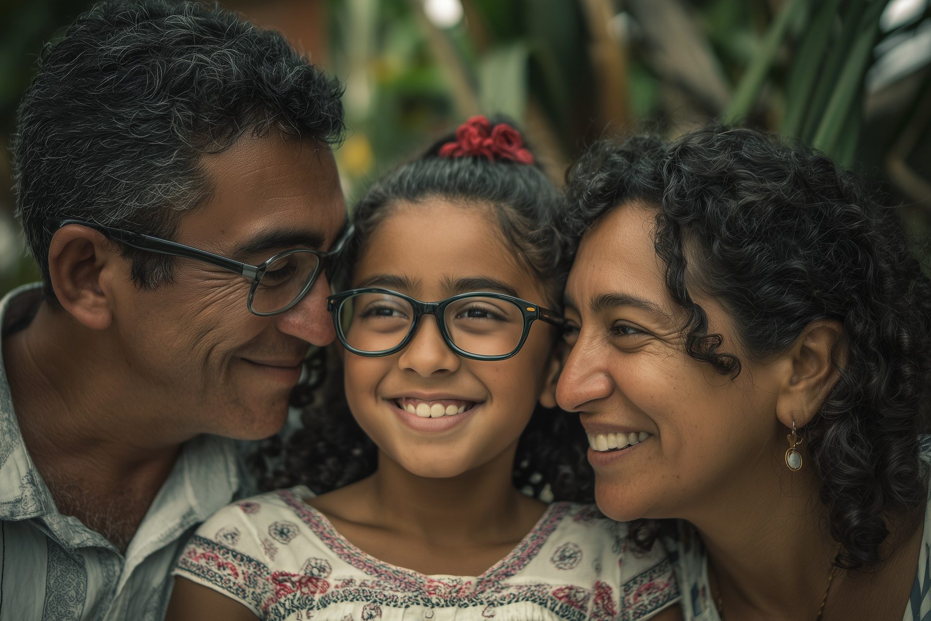 Familia con gafas camina por un campus