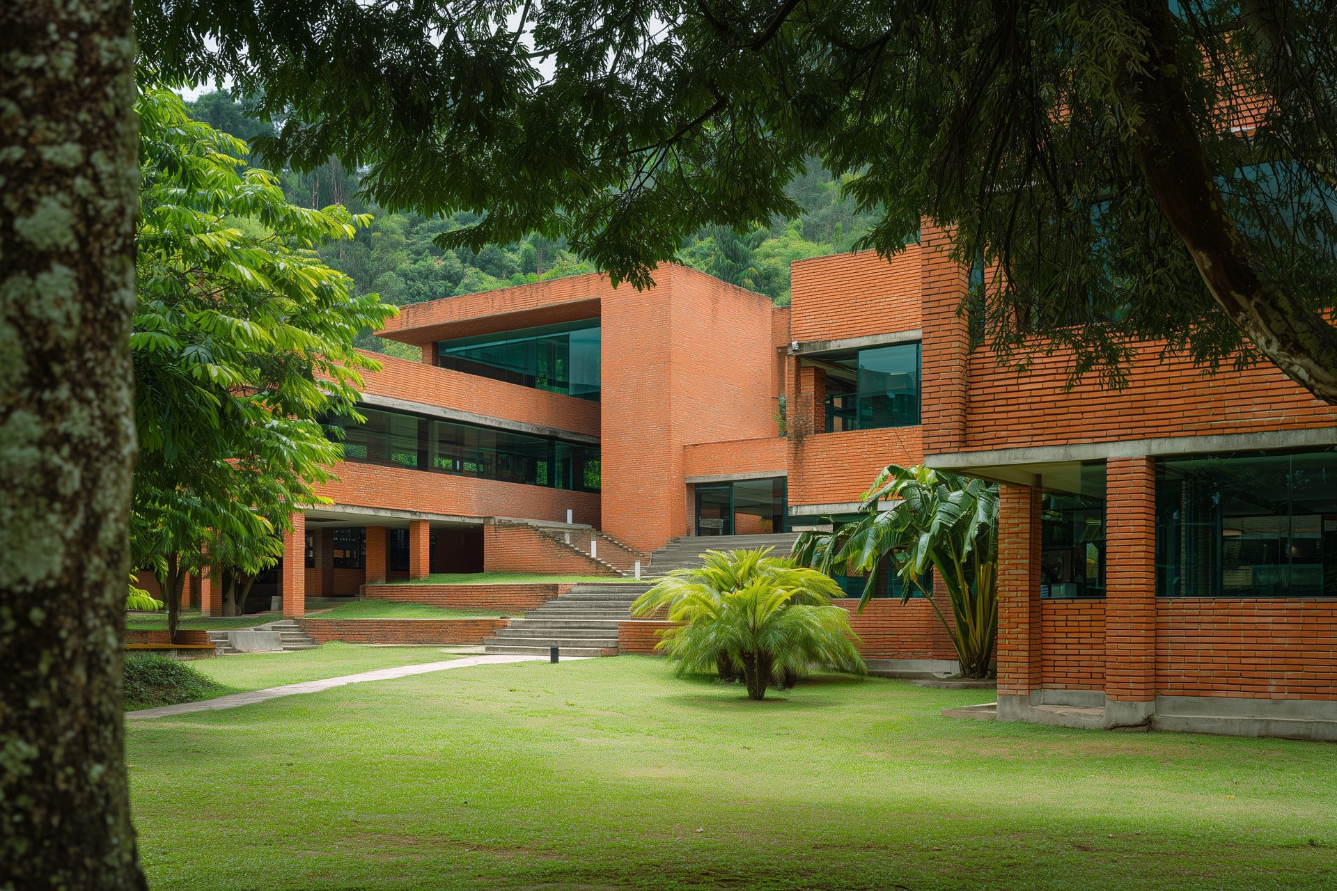 Campus de un colegio en Colombia, con edificios blancos y palmas