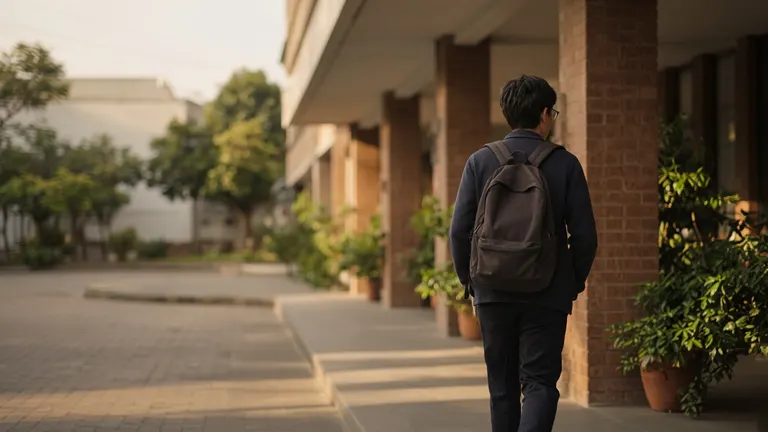 Estudiante de espaldas, con mochila, camina por el patio de un colegio