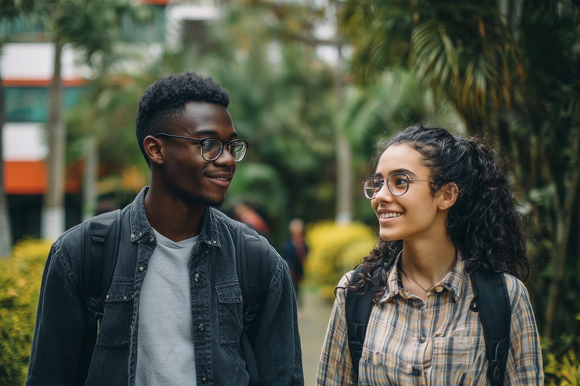 Tres estudiantes universitarias con gafas, sentadas al aire libre
