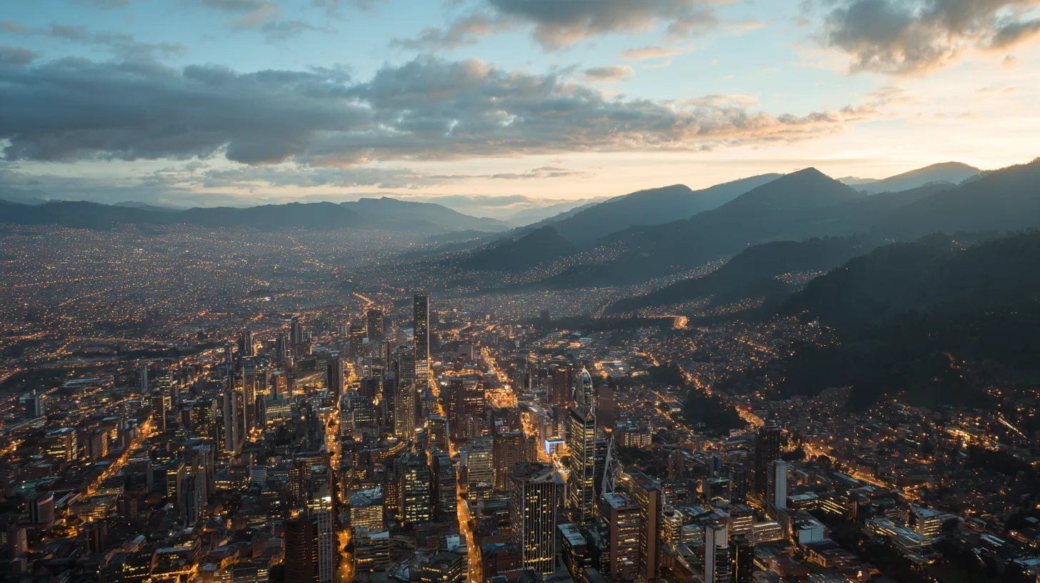 Bogotá al atardecer, con el centro iluminado y las montañas al fondo